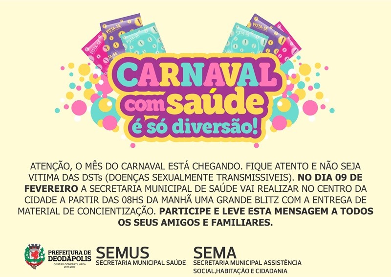 Em fevereiro, mês do carnaval, Secretaria Municipal de Saúde vai realizar ‘Blitz’ de prevenção as DSTs 