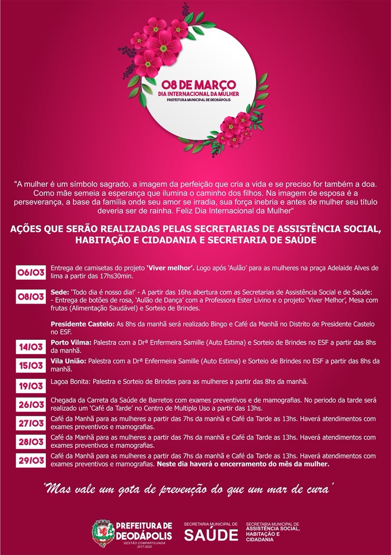 Saúde e Social iniciarão atividades do ‘Mês da mulher’ nesta semana em Deodápolis 
