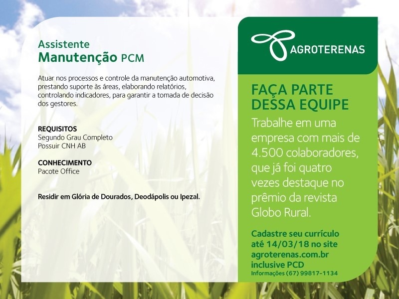 Agroterenas disponibiliza vaga de Assistente de Manutenção PCM; confira como se inscrever