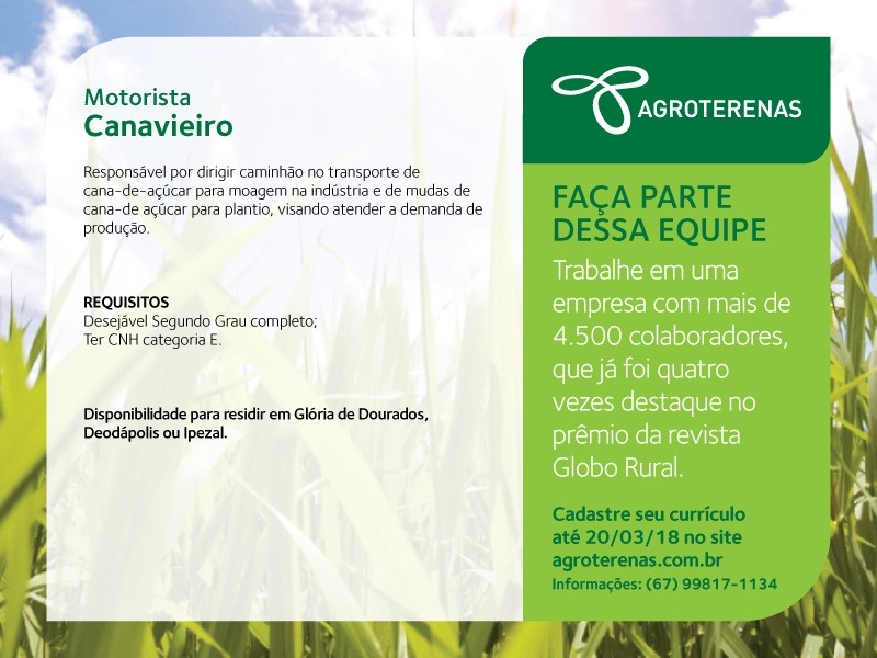 Agroterenas abre vaga para Motorista Canavieiro; Currículos poderão ser cadastrados até o dia 20 de março 