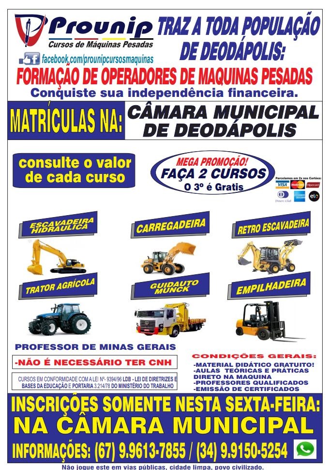 Prounip realizará curso de operador de maquinas pesadas em Deodápolis; matriculas ocorrem nesta sexta (13) na Câmara