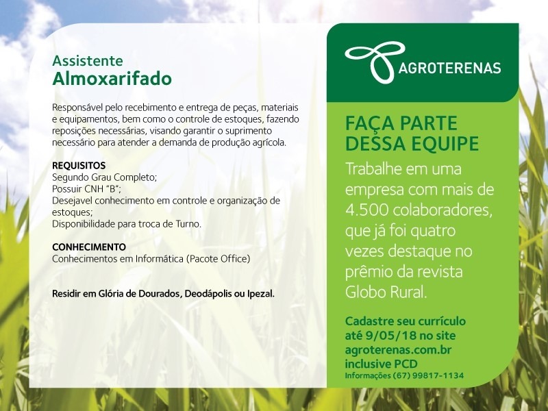 Agroterenas anuncia vaga de Assistente de Almoxarifado; interessados devem cadastrar currículo até o dia 9 de maio