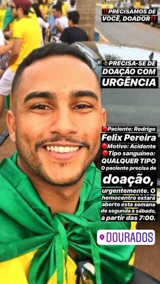 Jovem que se acidentou em Deodápolis precisa receber doação de sangue; família e amigos movimentam a internet 