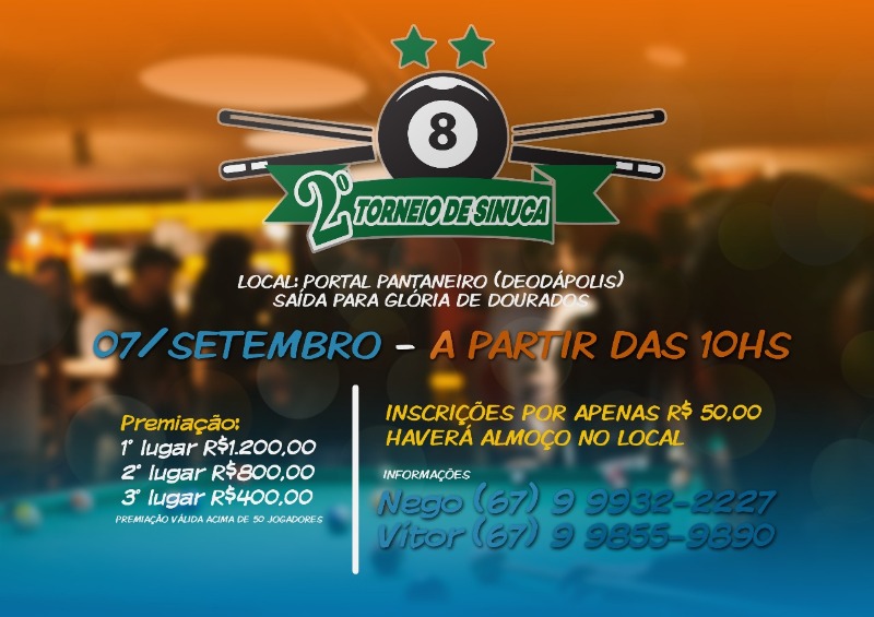 Vem ai o 2º Torneio de Sinuca no Portal Pantaneiro em Deodápolis, competição será nesta sexta, 7 de setembro