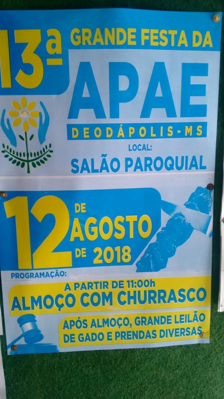 APAE de Deodápolis realizará neste domingo (12/08), 13ª grande festa com o objetivo de arrecadar fundos para a instituição 