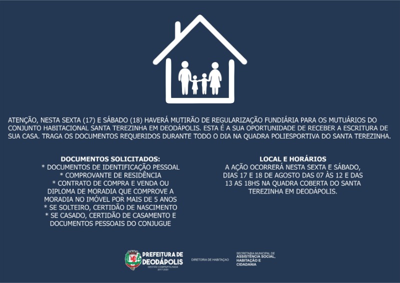 Habitação fará mutirão para regularização fundiária das casas do Santa Terezinha e CHE ROGA MI nesta sexta e sábado 
