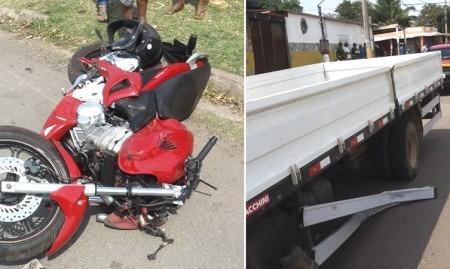 Motociclista sofre traumatismo craniano e tem perna amputada após acidente com caminhão