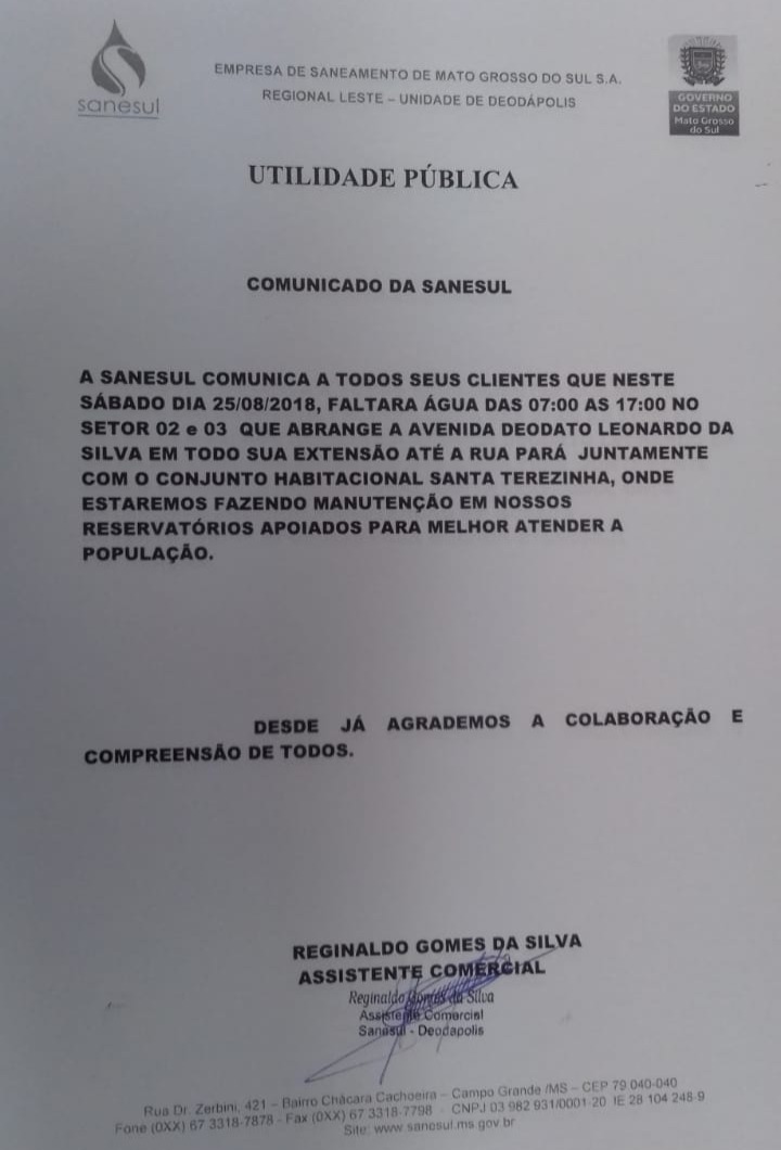 Sanesul informa que faltará água em Deodápolis neste sábado, dia 25, no Santa Terezinha e na Av. Deodato Leonardo da Silva 