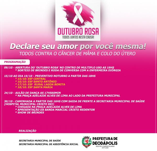 Deodápolis terá programação especial do ‘Outubro Rosa’ em combate ao Câncer de Mama