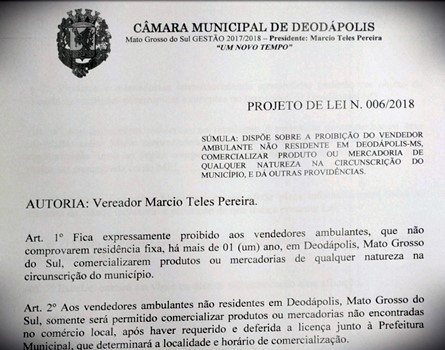 Atendendo ao pedido dos comerciantes, Márcio Teles protocolou projeto de lei que regulamenta ambulantes 'turistas' 