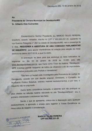 Vereador Márcio Teles protocolou pedido de abertura de CPI para apurar denuncias de 2016