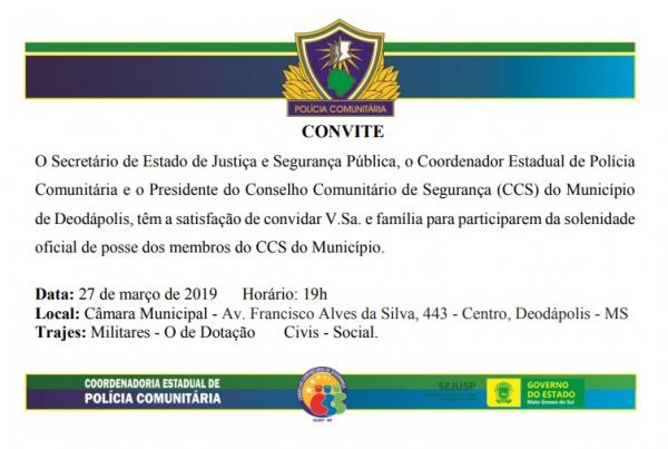 Posse do Conselho Comunitário de Segurança de Deodápolis será nesta quarta (27) 
