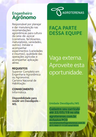 Empresa Agroterenas anuncia vaga para Engenheiro Agrônomo 