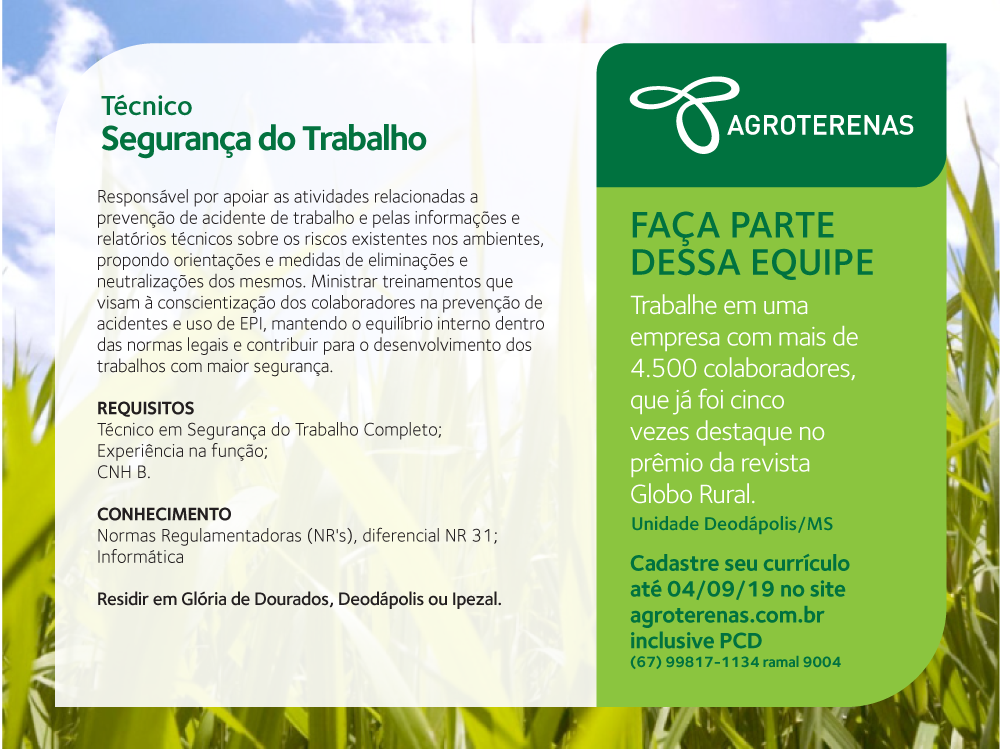 Agroterenas anuncia seleção para vaga de Técnico em Segurança do Trabalho 