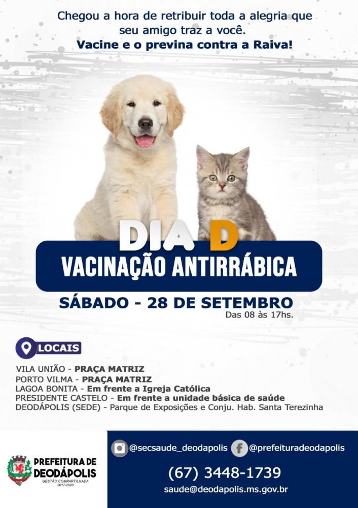 Saúde fará dia ‘D’ de Vacinação Antirrábica no dia 28 de setembro em Deodápolis
