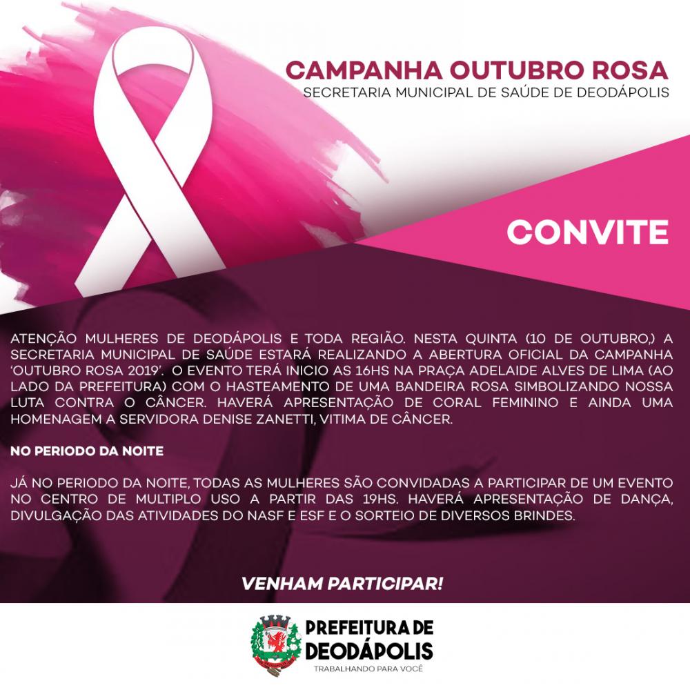 Saúde realizará abertura da campanha ‘Outubro Rosa’ nesta quinta (10) em Deodápolis 