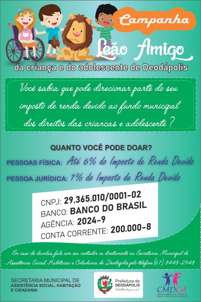 CMDCA lança campanha ‘Leão amigo’ objetivando ampliar fundo dos direitos da criança e do adolescente