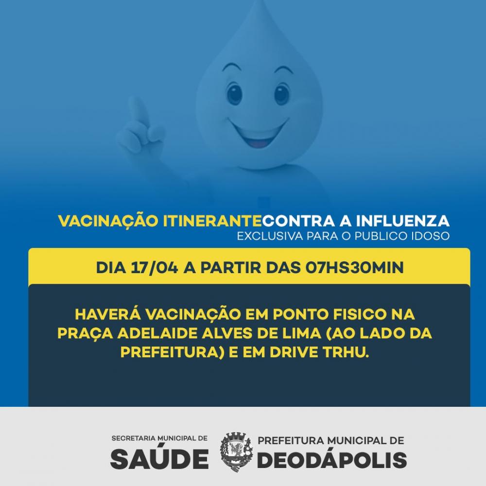 Nesta sexta (17) saúde realizará vacinação exclusiva para idosos contra a INFLUENZA em Deodápolis