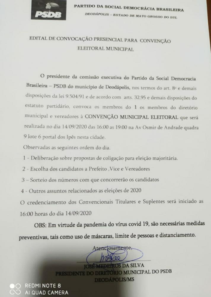 Eleições 2020: PSDB fará convenção no dia 14 de setembro em Deodápolis 