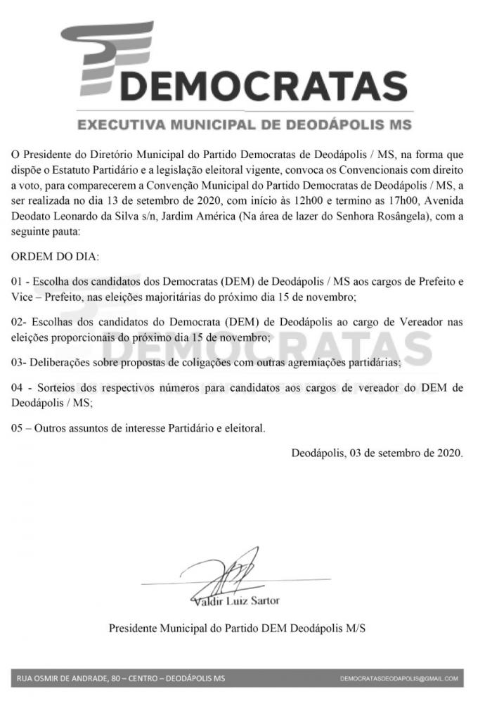 Eleições 2020: DEM realizará convenção partidária no dia 13 de setembro para escolha dos candidatos