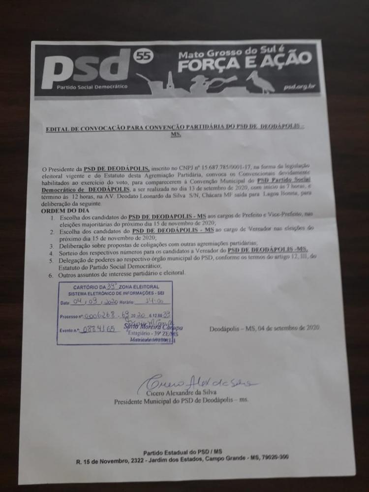 Eleições 2020 - PSD fará convenção partidária no dia 13 de setembro em Deodápolis 