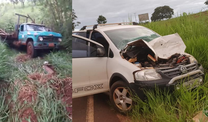Caminhão desgovernado atingiu veículo na MS 145 na entrada do município de Deodápolis 