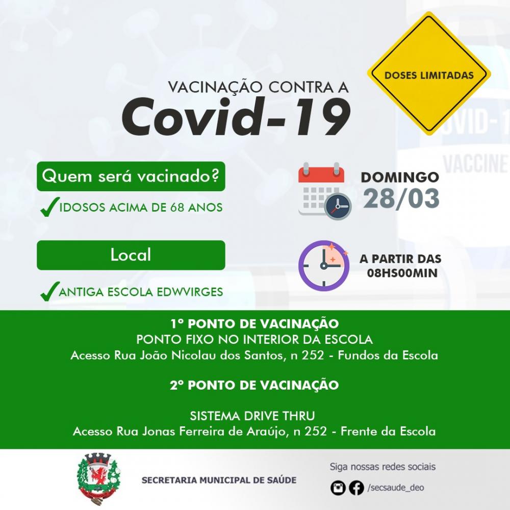Neste domingo (28/03), idosos com 68 anos ou mais receberão a 1ª dose de vacinas contra a Covid-19 