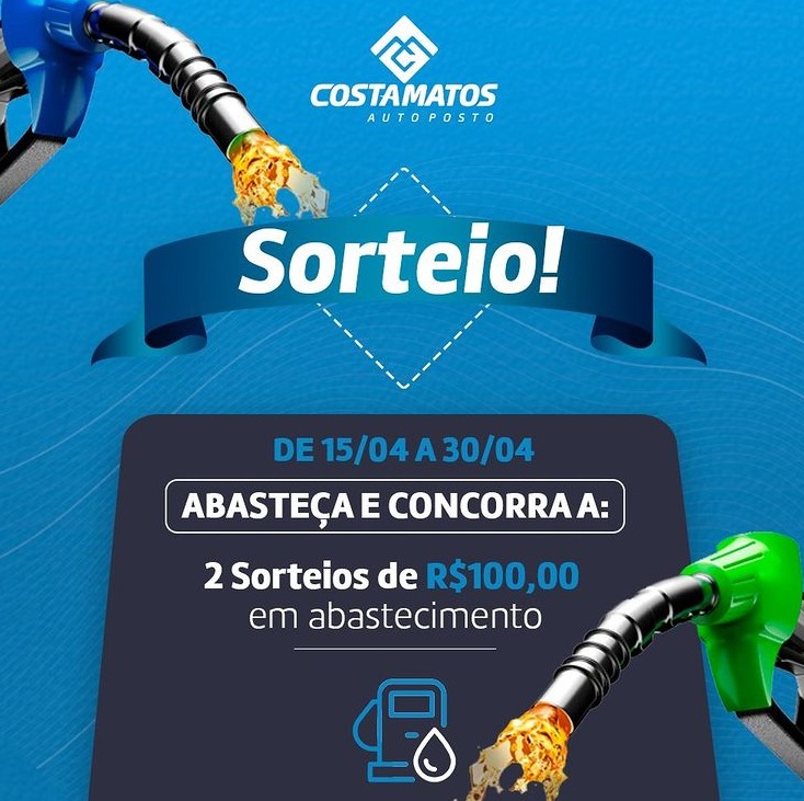 No Auto Posto Costa Matos Deodápolis, abasteça e concorra a 2 sorteios de 100 reais em abastecimento