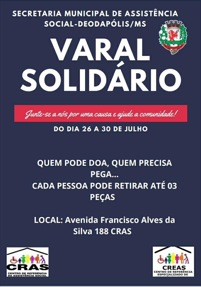 Secretaria de Assistência Social por meio do CRAS e CREAS realizará em Deodápolis ‘Varal Solidário’
