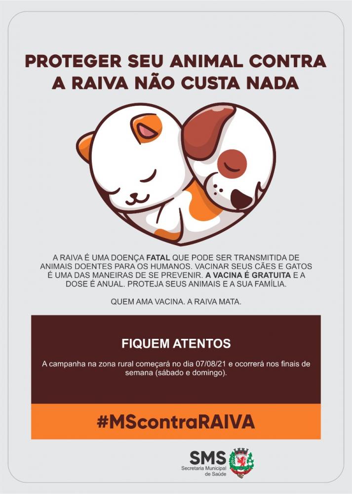 Neste dia 07 de agosto, haverá vacinação antirrábica na Zona Rural de Deodápolis 