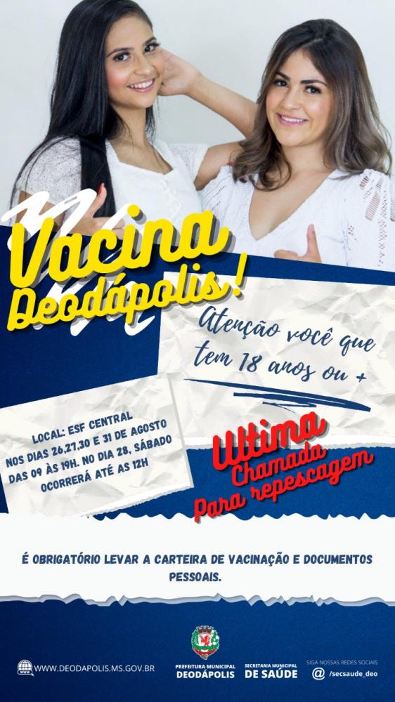 Repescagem: Secretaria de Saúde vacinará pessoas com 18 anos ou mais nos dias 26,27,28,30 e 31 de agosto