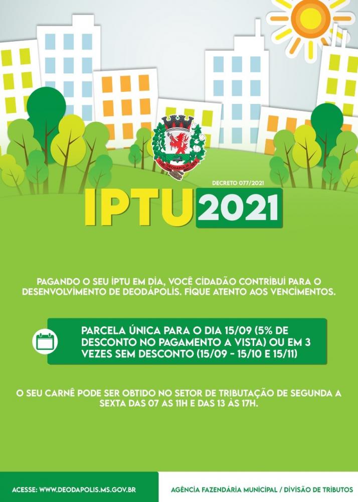 IPTU 2021 poderá ser pago em parcela única com 5% de desconto em Deodápolis