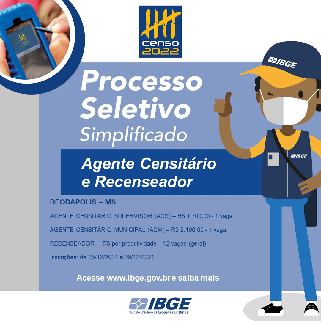 Inscrições para processo seletivo do IBGE em Deodápolis ocorrerão até esta quarta (29/12)