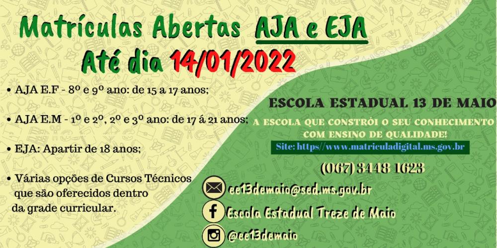 13 de Maio: Matriculas para o AJA e o EJA vão até o dia 14 de janeiro em Deodápolis