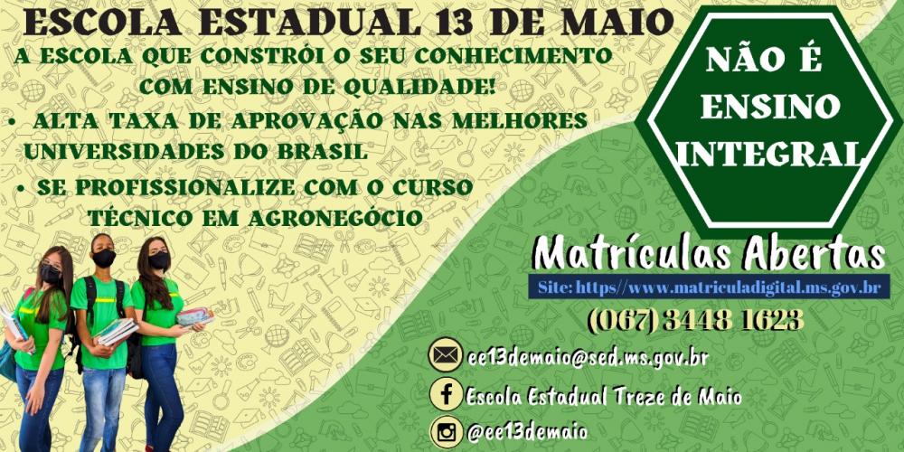 Faça sua matricula na Escola Estadual 13 de Maio, ensino de qualidade em Deodápolis