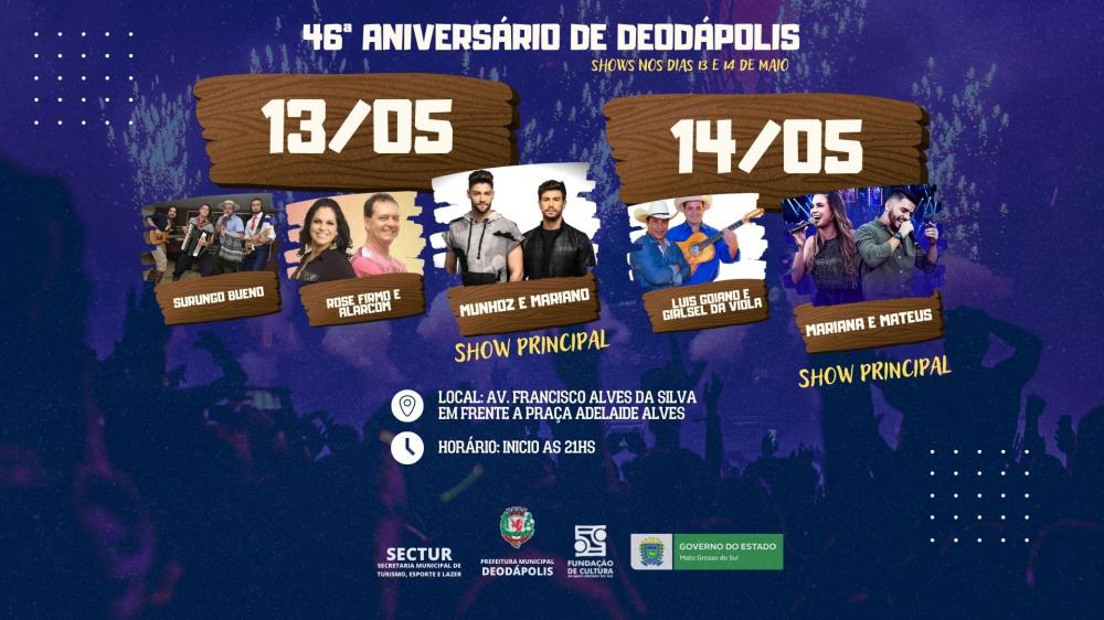 Festividades alusivas aos 46 anos de Deodápolis começam nesta sexta com lançamentos de obras e inaugurações 