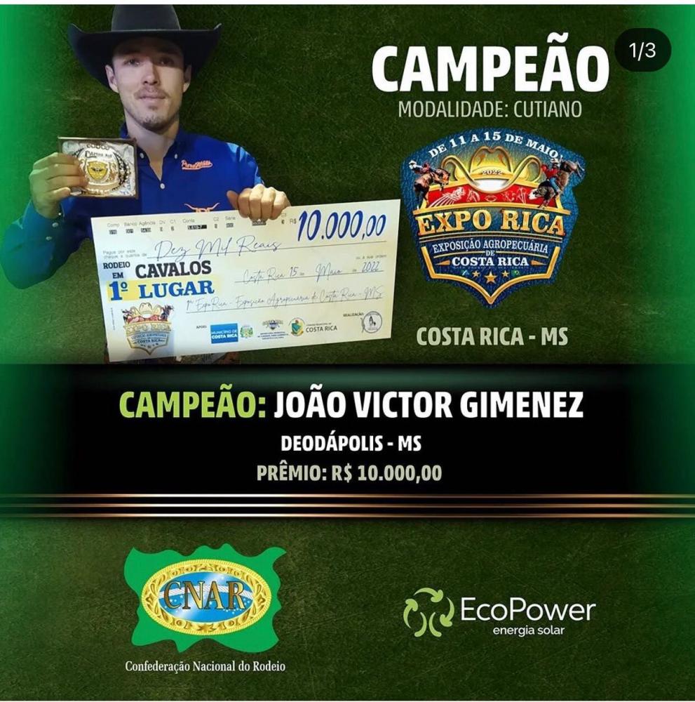 Jovem peão de Deodápolis, João Victor Gimenez é campeão da Expo Rica 2022 no ‘cutiano’ 