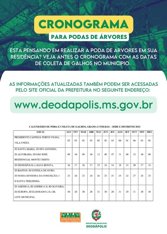 AMMA publica calendário 2023 de poda e coleta de galhos, grama e folhas no município de Deodápolis