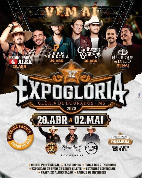 ExpoGlória celebrará aniversário de Glória de Dourados com shows nacionais e entrada franca em abril