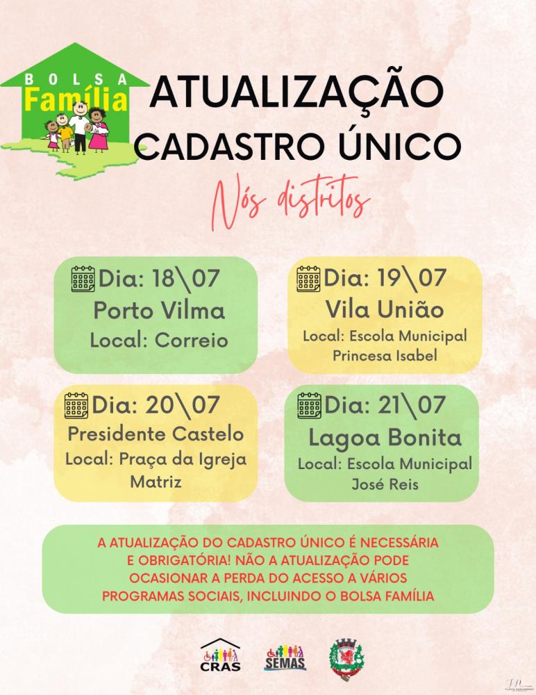 ATENÇÃO: De 18 a 21 de julho município realiza recadastramento do CADÚNICO que garante acesso a programas sociais