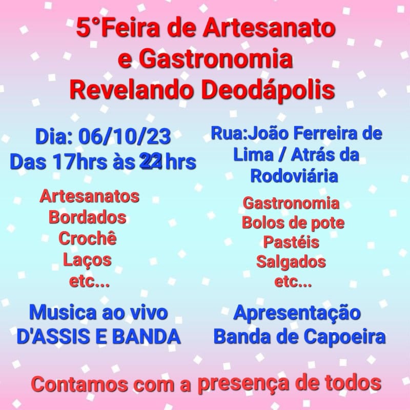 5ª Feira de artesanato e gastronomia 'Revelando Deodápolis' promete encantar a todos no dia 6 de outubro