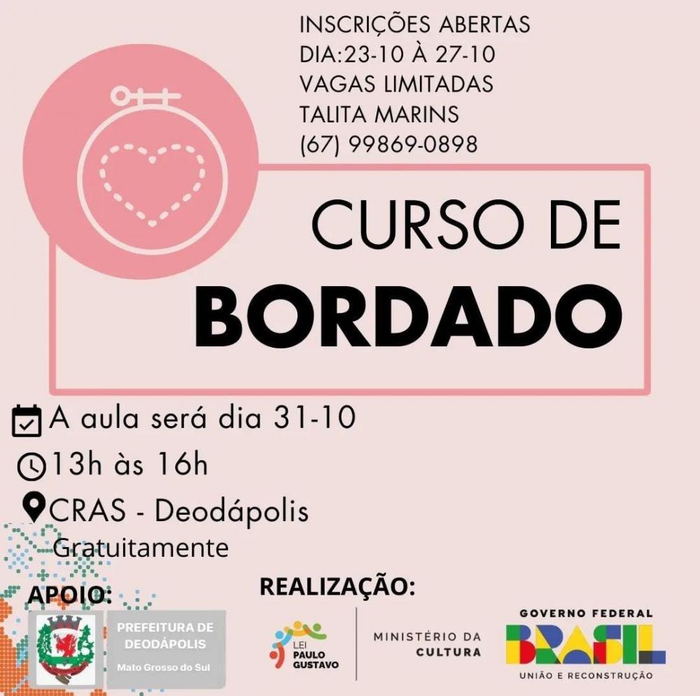 Oferta de cursos de artesanato em Deodápolis: Laços, Bordado e Crochê no dia 31/10