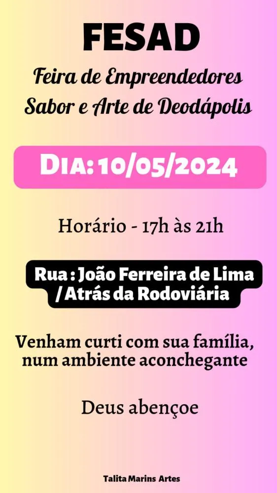 Feira de Empreendedores Sabor e Arte movimentará Deodápolis nesta sexta-feira