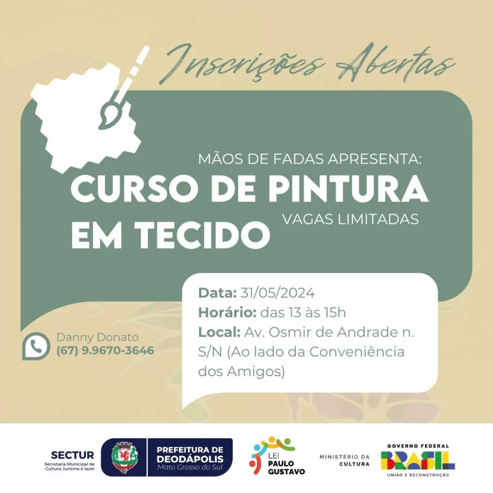 Mãos de Fada: Curso de Pintura em Tecido oferece oportunidade de aprendizado em Deodápolis no dia 31/05