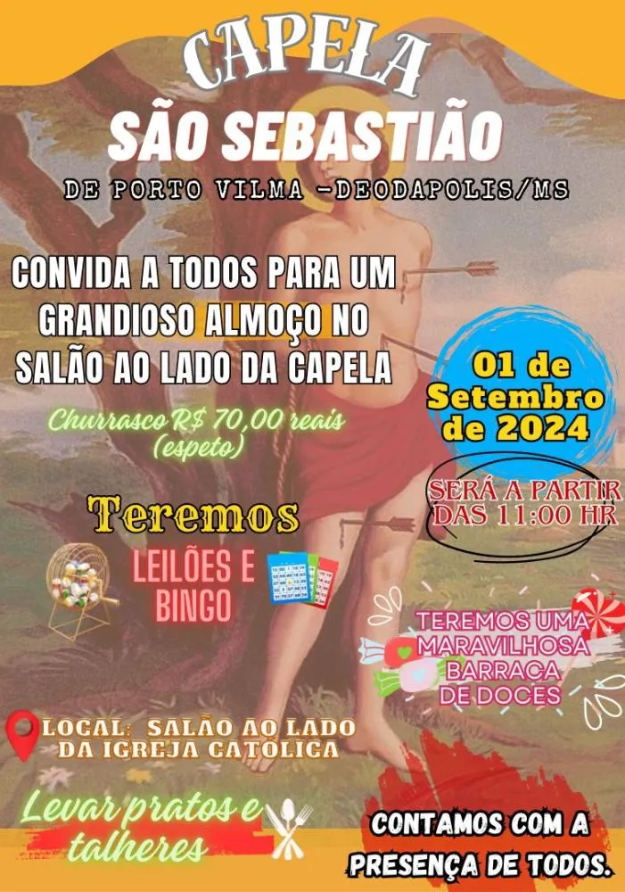 Capela São Sebastião de Porto Vilma organiza almoço com delicioso churrasco no dia 1º de setembro