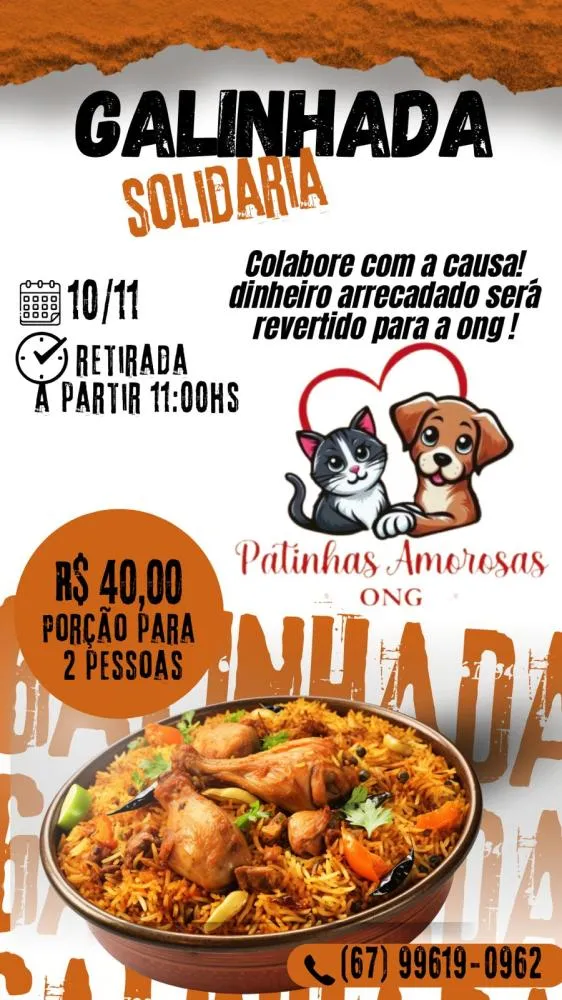 Patinhas Amorosas realizará galinhada solidária em Deodápolis no dia 10 de novembro para arrecadar fundos