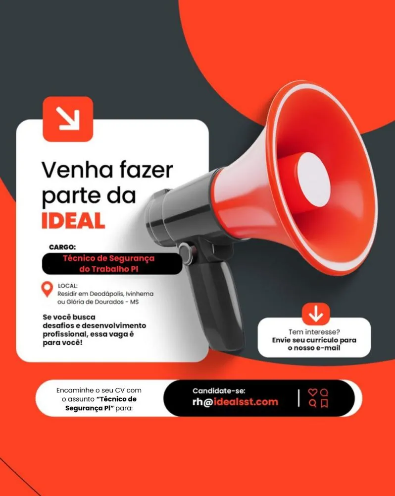 5 Vagas: Ideal oferece oportunidade para técnico de segurança do trabalho em usina da região