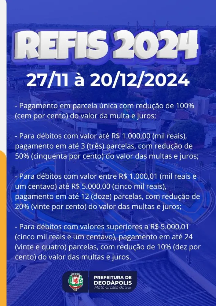 Prefeitura de Deodápolis anuncia programa Refis 2024 com descontos para regularização de débitos