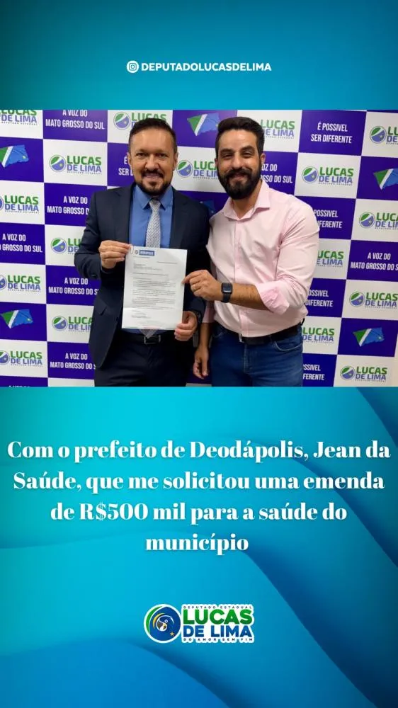 Prefeito Jean Gomes e Deputado Lucas de Lima anunciam emenda de R$ 500 mil para a saúde de Deodápolis