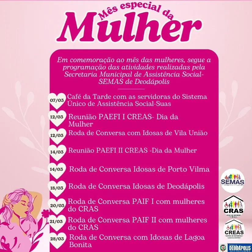 Deodápolis: Secretaria de Assistência Social realizará programação especial para o Mês da Mulher